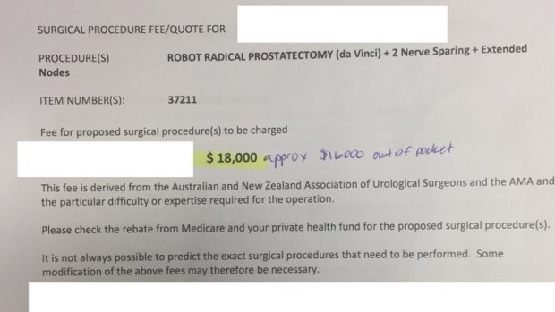 A redacted copy of a surgical quote for robotic radical prostatectomy.