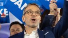Herbert Kickl, leader of the Freedom Party of Austria, centre, celebrates with supporters during an election night rally in Vienna. 