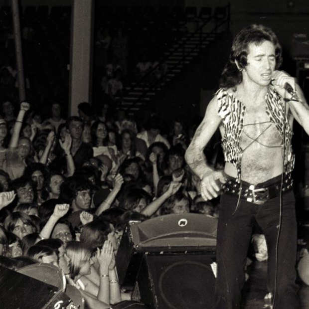 Bon Scott on stage with the band at the Hordern Pavilion in Sydney on December 12, 1976.