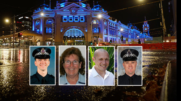 The four Victorian police officers killed in the Eastern Freeway crash, from left, Constable Josh Prestney, Leading Senior Constable Lynette Taylor, Senior Constable Kevin King and Constable Glen Humphris.