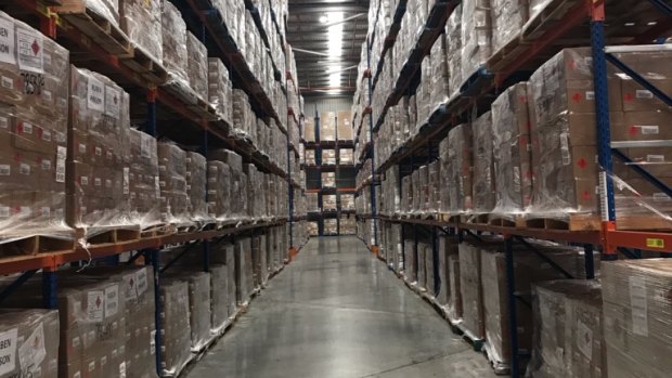 Bottles of hand sanitiser made by Pact Group stored at the company's Eastern Creek warehouse ready for dispatch.