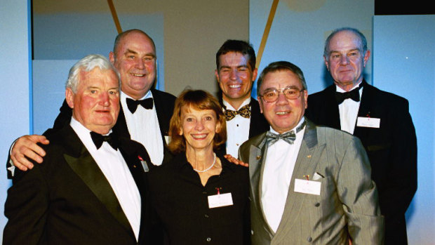 Hazel Murphy joins past recipients of the McWilliam's Wines Maurice O'Shea Award. Rear L to R - James Halliday, Peter Hoj, Philip Laffer. (Front L to R) - Len Evans, Hazel Murphy and Wolf Blass.