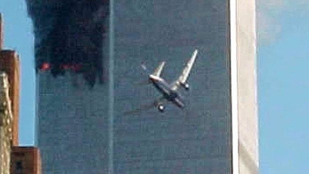 A jet airliner seconds before it slams into one of the World Trade Centre towers in New York on September 11, 2001.