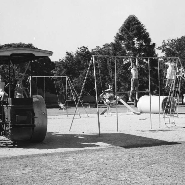 Children playing on equipment in Oriel Park in Ascot in 1959.