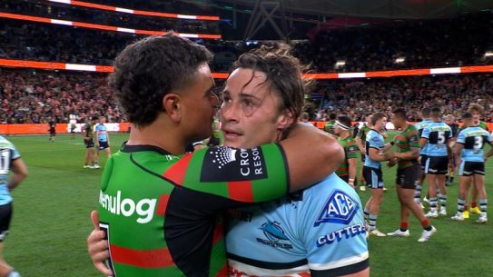 Latrell Mitchell consoles Nicho Hynes after last year’s NRL semi-final