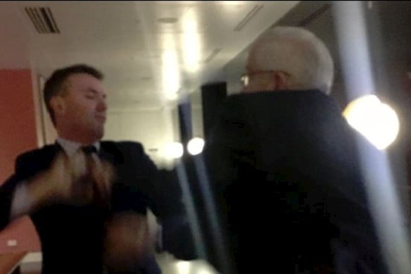 Pauline Hanson’s advisor James Ashby, left, and Senator Brian Burston were involved in an altercation at Parliament House.