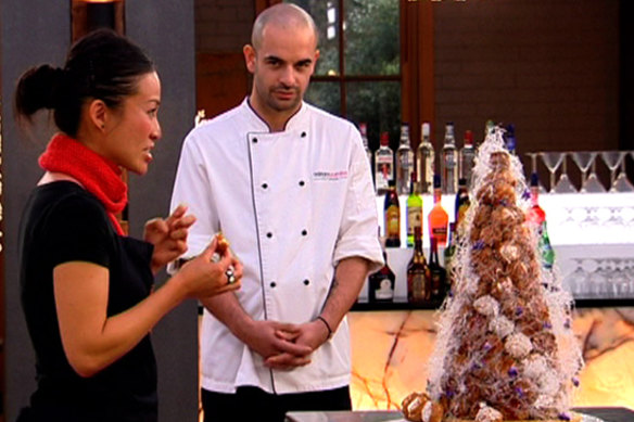 Adriano Zumbo’s notorious croquembouche that MasterChef season one finalists Julie Goodwin and Poh Ling Yeoh (pictured) recreated.