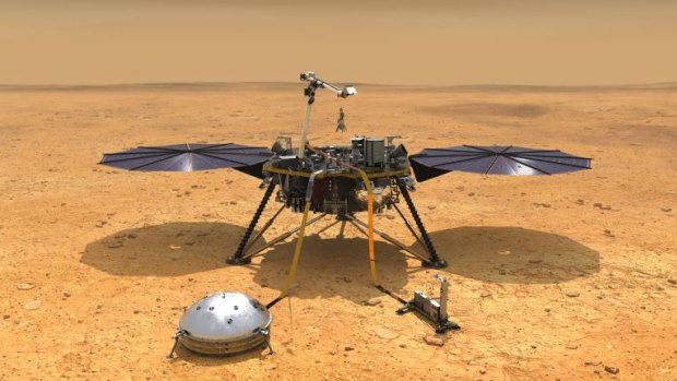 This artist's concept depicts NASA's InSight lander after it has deployed its instruments on the Martian surface.