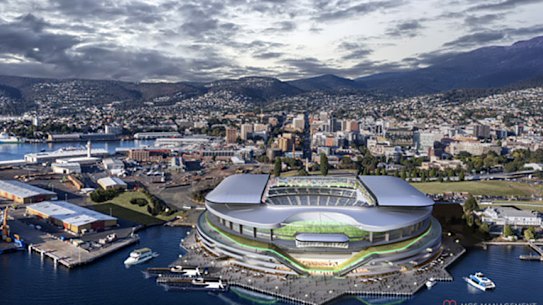 An artist’s impression of the new sporting stadium proposed in Hobart.