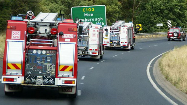 CFA Fire Trucks travelled in convoy towards East Gippsland on Friday ahead of expected dangerous fire weather.  