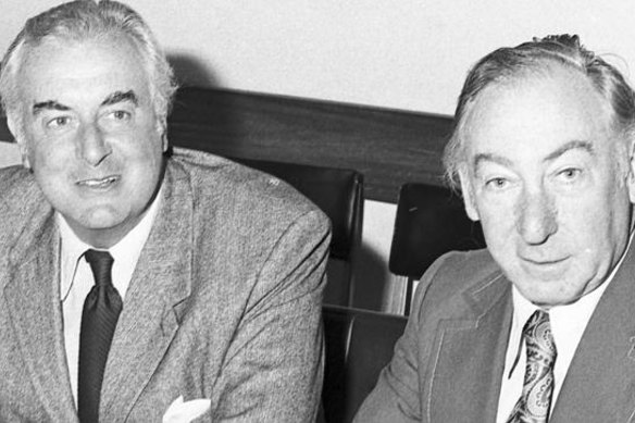 Gough Whitlam with Lionel Murphy in Sydney in 1974.  