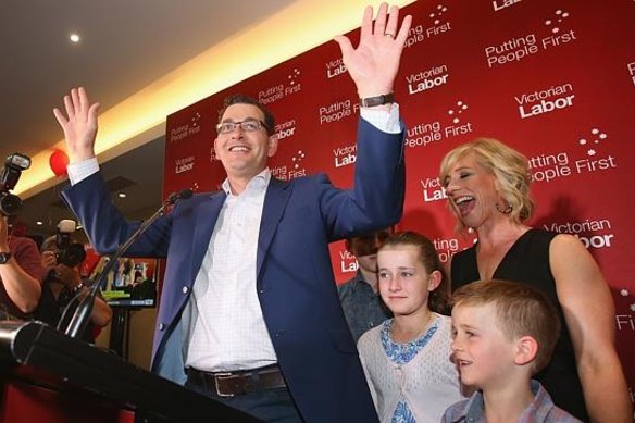 Daniel Andrews and his family celebrate his election win last year.