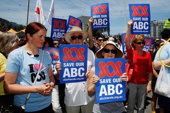 Hundreds of protesters gathered in Melbourne’s Federation Square to rally against federal government cuts to the ABC budget in 2018.