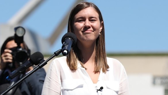Brittany Higgins speaks at the March 4 Justice protest in Canberra.