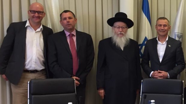 Deputy Premier Roger Cook (right) and Mount Lawley MP Simon Millman (left) meet Israeli politician Yaakov Litzman and an unknown man.