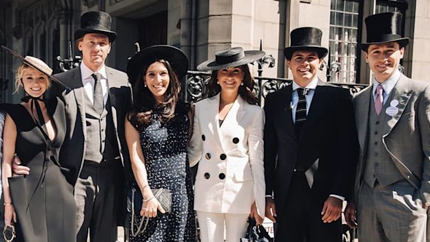 From left: Nadia Fairfax, Nick Adams and friends before Royal Ascot 2018. 