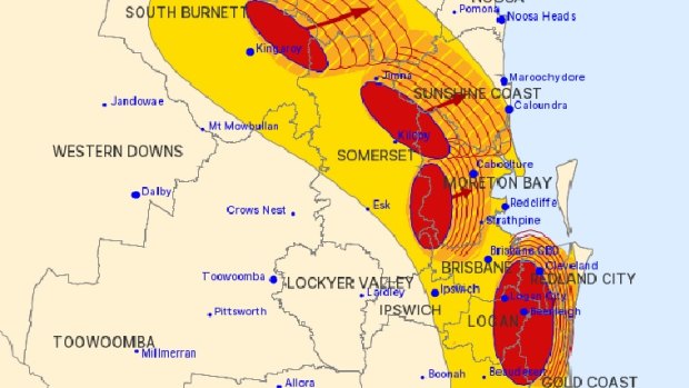 The four severe storm cells over south-east Queensland at one point on Monday night.