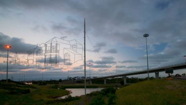 'House in the Sky' wire installation that is suspended above the Western Ring Road.