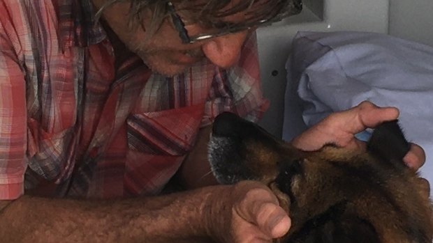 Man and dog, reunited after an ordeal overboard in Moreton Bay.