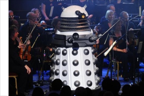 A dalek on stage as part of the  Doctor Who Symphonic Spectacular.