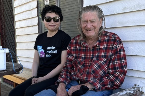 Tenants Union of NSW strategic litigation solicitor Cass Wong and Joey Warren outside his Catherine Hill Bay home.