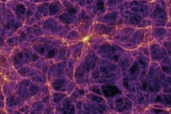A map of the distribution of the universe’s dark matter. The bright areas represent the highest concentrations - they are also where galaxies form.