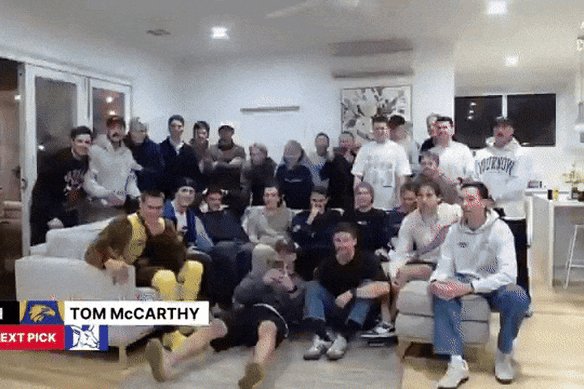 Wild scenes erupt as Tom McCarthy’s friends and family celebrate his selection as the No.1 pick in the 2025 AFL mid-season draft.