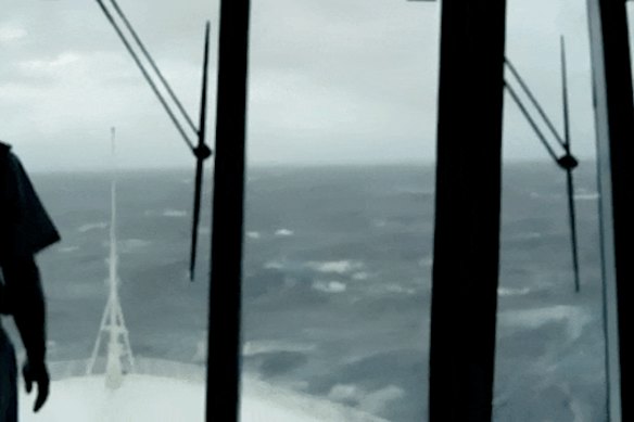 A cruise ship, reportedly in waters near Australia, was hit by steep wave so big the crew in the bridge fell as the ship plunged down the trough.