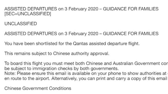 Part of an email sent to Australian citizens planning to evacuate Wuhan.