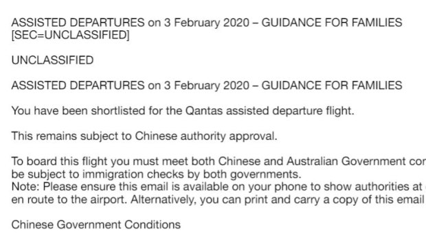 Part of an email sent to Australian citizens planning to evacuate Wuhan.