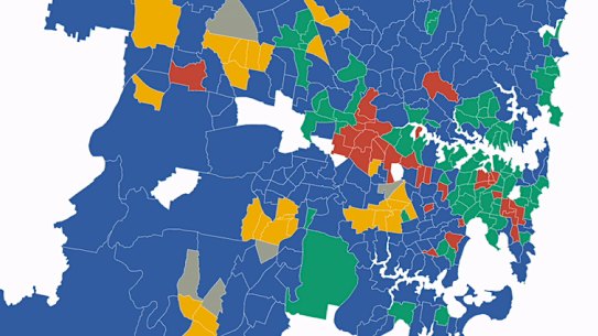 Data over three census periods (2011, 2016 and 2021) shows how Generation Y has taken over Sydney – but not in areas with little housing and high prices. (Baby boomers are in blue, Gen X  green, Gen Y red and Gen Z yellow).