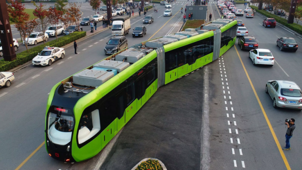 A battery-powered trackless tram in the Chinese city of Zhuzhou.