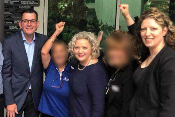 Premier Daniel Andrews, then health minister Jill Hennessy (centre) and union leader Diana Asmar (right) announcing the $2.2 million election commitment ahead of the 2018 election.