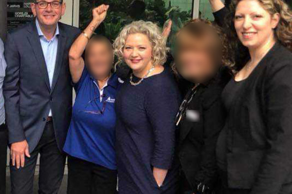 Daniel Andrews, then health minister Jill Hennessy (third from right) and union leader Diana Asmar (right) announcing the $2.2 million election commitment a week before the 2018 election campaign began. The grant was allegedly opposed by Health Department officials.