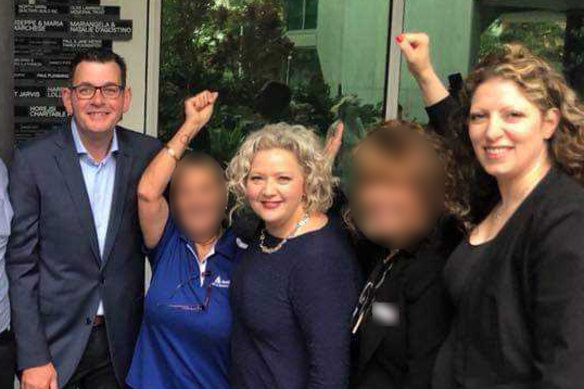Daniel Andrews, then health minister Jill Hennessy (third from right) and union leader Diana Asmar (right) announcing the $2.2 million election commitment a week before the 2018 election campaign began. The grant was allegedly opposed by Health Department officials.