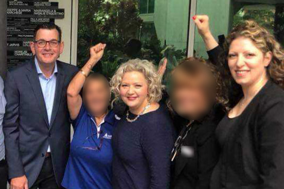 Premier Daniel Andrews, then health minister Jill Hennessy (centre) and union leader Diana Asmar (right) announcing the $2.2 million election commitment for the Health Education Federation in 2018.