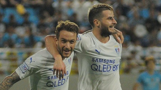 Suwon Samsung Bluewings pair Adam Taggart (left) and Terry Antonis will be part of the first match of the K-League season, which will be broadcast in Australia on Optus Sport.