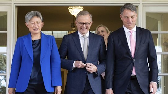 Minister for Foreign Affairs Penny Wong, Prime Minister Anthony Albanese, Finance Minister Katy Gallagher and Deputy Prime Minister Richard Marles after being sworn in.