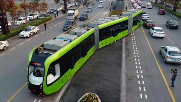 A battery-powered trackless tram in operation in the Chinese city of Zhuzhou.
