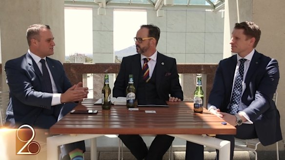 Liberal MPs Tim Wilson (left) and Andrew Hastie (right) debated marriage equality a segment while drinking Coopers Light.