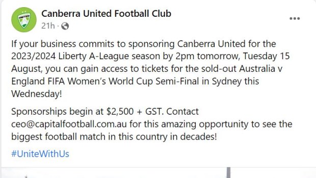 A Facebook post from Canberra United offering access to Matildas’s tickets in exchange for sponsorship.