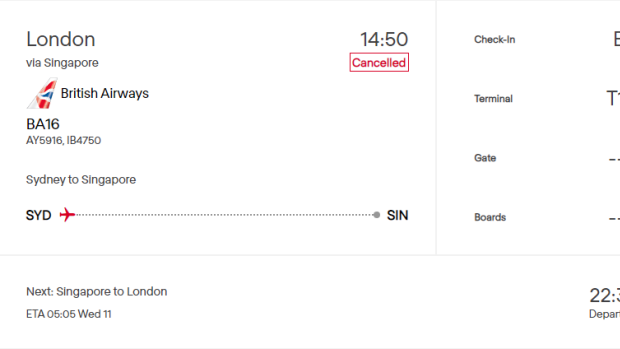 A screenshot of Sydney's airport boards showing the cancellation of BA16 to London. 