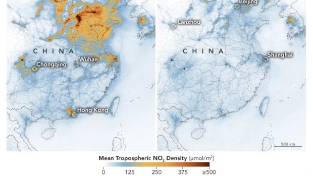 NASA mapping shows significant drop in nitrogen dioxide air pollution over China.