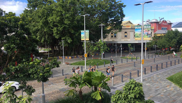 Shields and Lake Street corner in Cairns: great design, plenty of trees and shade, but little activation.
