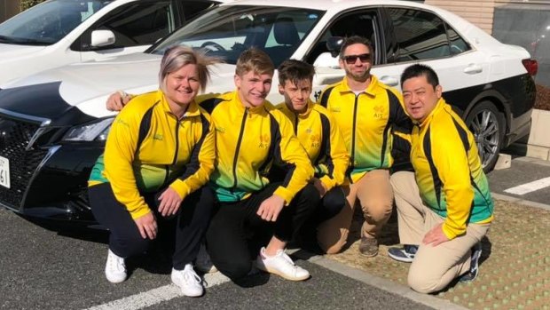 Judo coaches Kylie Koenig (left), Ben Donegan (second from right) and Hitoshi Kimura (right) with athletes Lewis Mott and Ryan Koenig in Japan.