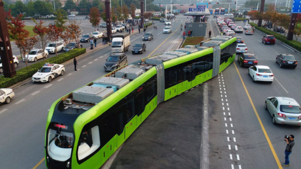 The battery-powered trackless tram, or ART, in operation in Zhuzhou, showing the trackless autonomous guidance system. 