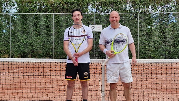 Winner George Batziakas and ex-treasurer Josh Frydenberg who retired hurt from the family and social grand final at the South Hawthorn Tennis Club.