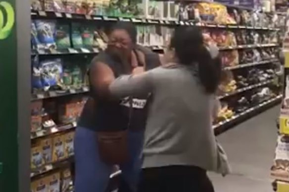 Footage of the women allegedly fighting over toilet paper at the Woolworths in Chullora on Saturday.