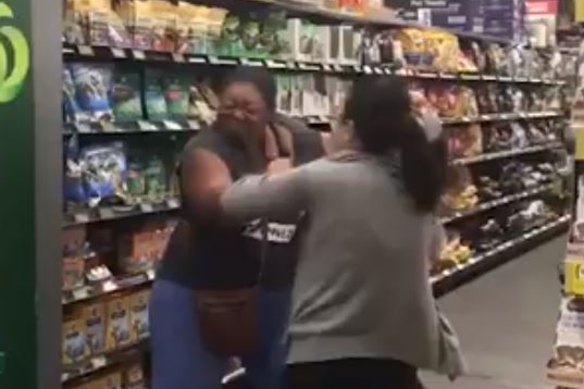 Footage of the women allegedly fighting over toilet paper at the Woolworths in Chullora on Saturday.