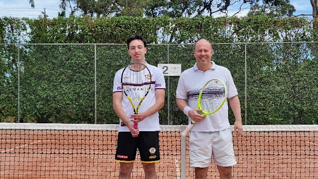 Winner George Batziakas and ex-treasurer Josh Frydenberg who retired hurt from the Family and Social grand final at the South Hawthorn Tennis Club.